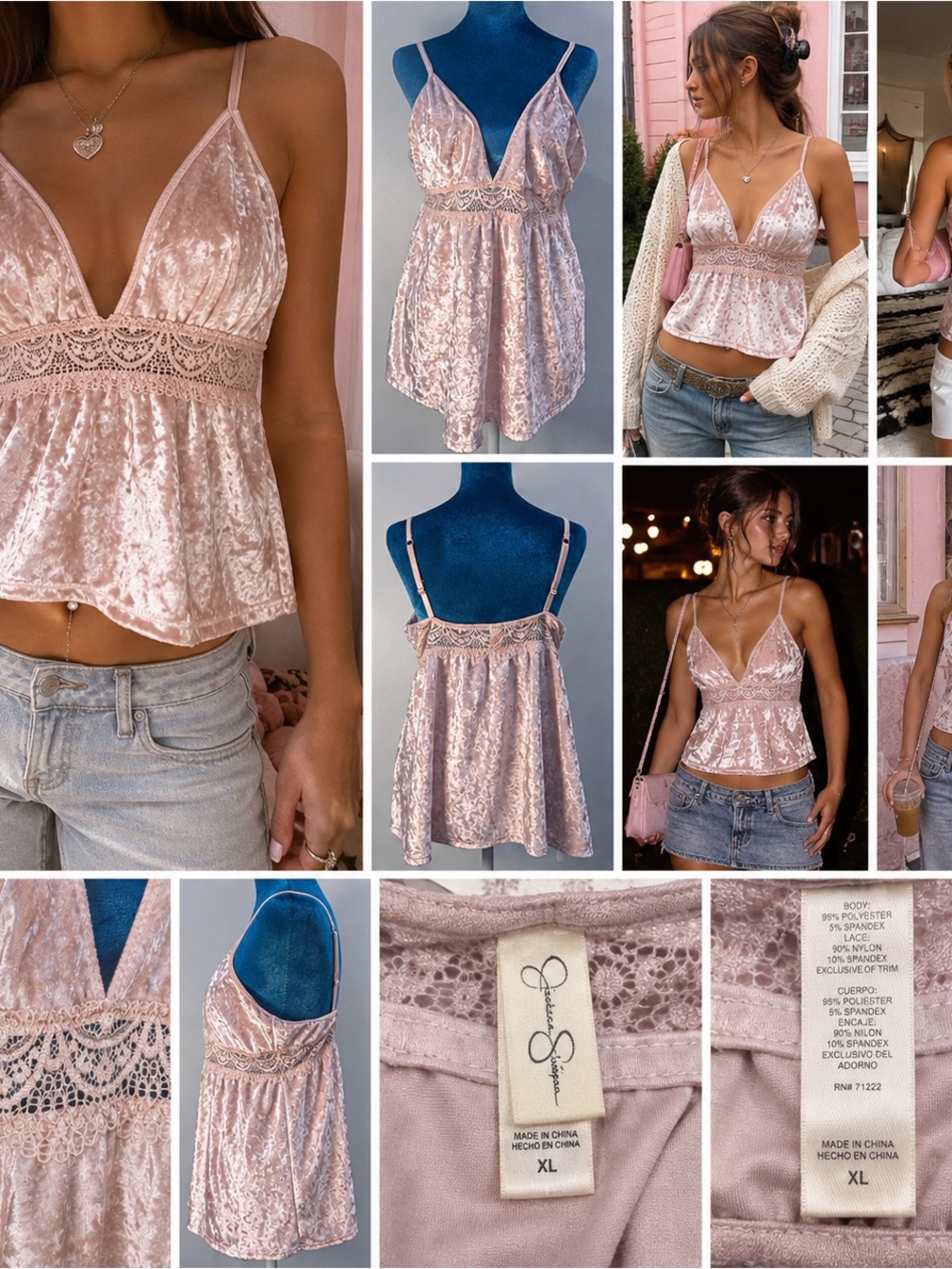 Jessica Simpson Babydoll Cami XL Pink Velvet Lace Y2K Coquette Fairycore Velour